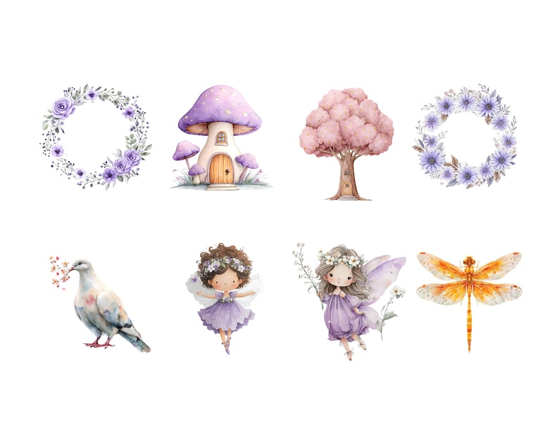 Watercolor Purple Fairies Clipart Bundle, Magical Garden Purple Fairies ...