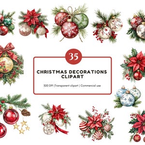 Bundle de cliparts aquarelle décoration de Noël png, clipart décoration de Noël, cliparts de décorations de Noël, joyeux Noël png, ornements png