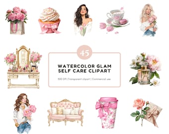 Glam Planner Clipart Bundle, Watercolor Glam Planner png, Morning Routine Clipart, Self Care Clipart, Pink Clipart, Coquette Clipart