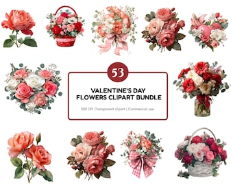 May include: A collection of watercolor floral clipart images featuring roses and other flowers in various arrangements. Includes bouquets, baskets, and single blooms in shades of red, pink, and white. Text reads "Valentine's Day Flowers Clipart Bundle".