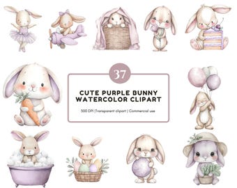 Bundle de cliparts aquarelle lapin violet, mignon lapin violet png, clipart lapin Boho, baby shower Boho, clipart lapin ballerine violet