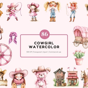 Roze cowgirl clipart bundel png, schattige cowgirl clipart, roze westerse clipart, cowgirl clipart, aquarel wilde westen clipart, cowboy clipart