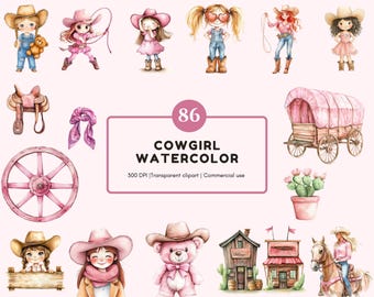 Pink Cowgirl Watercolor Clipart Bundle (PNG)