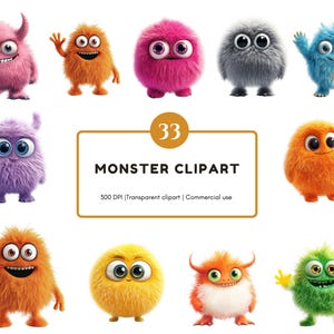 Könnte beinhalten: Eine Sammlung von 10 farbenfrohen, flauschigen Monster-Cliparts. Die Monster sind in verschiedenen Farben gehalten, darunter Rosa, Orange, Blau, Lila, Grau, Gelb und Grün. Jedes Monster hat einen einzigartigen Ausdruck und ein einzigartiges Design. Der Text "33 MONSTER CLIPART" ist ebenfalls enthalten.