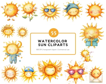 Watercolor Sun Clipart png Bundle, Sun Clipart Set, Sun png, Boho Clipart, Boho Sun, Sunshine Clipart, Summer Sun Clipart, Retro Sun png