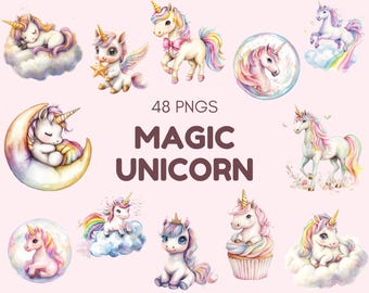 Aquarell Einhorn Clipart Bundle, Regenbogen Einhorn PNG (digitaler Download)