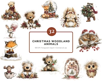 Paquete de imágenes prediseñadas navideñas de animales del bosque, imágenes prediseñadas de animales del bosque navideños adorables, animales del bosque navideños en acuarela png, festivos navideños