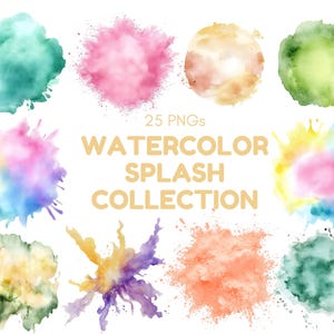 May include: A collection of 25 watercolor PNGs featuring various shades of green, pink, yellow, blue, and orange. The watercolor splashes are perfect for adding a touch of color and texture to your designs.