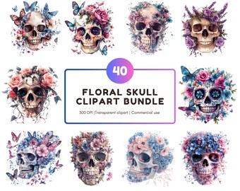 Könnte beinhalten: Ein Set mit 40 digitalen Clipart-Bildern mit farbenfrohen floralen Schädel-Designs. Jeder Schädel ist mit Blumen, Blättern und Schmetterlingen in verschiedenen Rosatönen, Blau- und Violetttönen verziert. Die Bilder sind 300 DPI und transparent, wodurch sie perfekt für Bastelprojekte, digitale Designs und kommerzielle Nutzung geeignet sind.