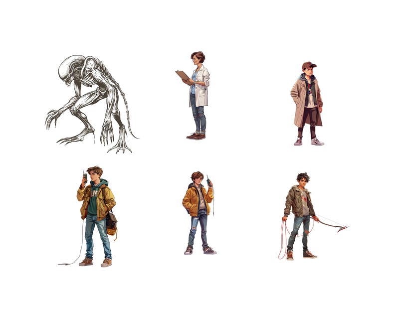 Cartoon character clipart inspired by Stranger Things with fun illustrated style.
Stranger Things–inspired cartoon character clipart for themed designs and crafts.
Cartoon-style character clipart inspired by popular sci-fi series for digital projects.
Retro sci-fi inspired cartoon character clipart for stickers and creative designs.
Illustrated cartoon characters inspired by Stranger Things aesthetic for fan projects.