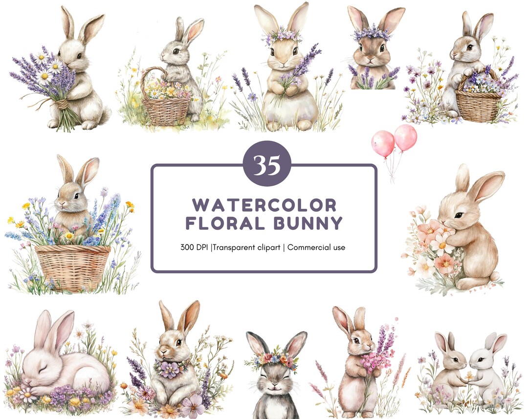 Watercolor Bunny Clipart Bundle, Floral Nursery Art (digital Download ...