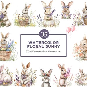 Bloemen konijntje clipart png bundel, aquarel konijntje clipart, bloem konijntje clipart png, konijntje png, schattige bloemen konijntje clipart, kinderkamer clipart
