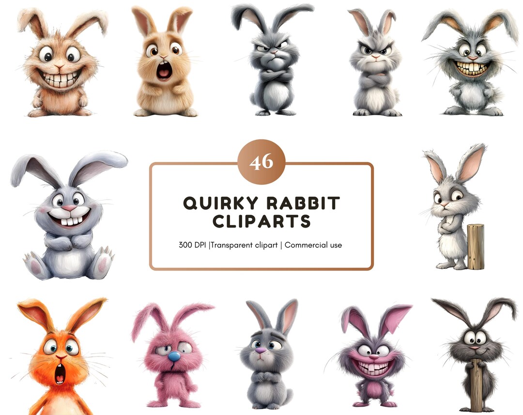 Quirky Rabbit Clipart Png Bundle, Bunny Clipart Png, Whimsical Rabbit ...