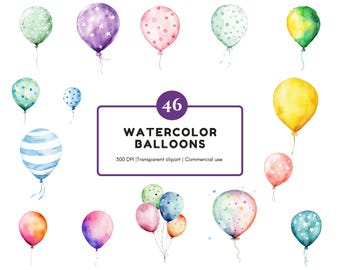 Watercolor Balloon Clipart Set, Birthday & Baby Shower (Digital Download)