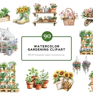 Pacote de clipart de jardinagem em aquarela png, clipart de jardinagem, clipart de jardim png, clipart de jardim doméstico, clipart de ferramentas de jardinagem