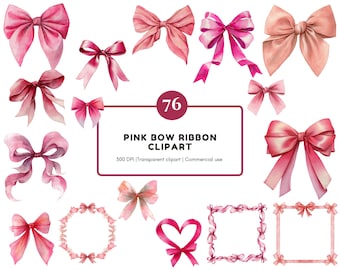 Pink Bow Clipart Bundle, Watercolor Coquette Bow png, Bow Frame Clipart, Pink Ribbon Clipart Set, Soft Pink Coquette Bow, Digital Download