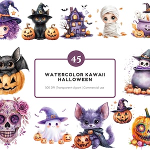 Clipart di Halloween kawaii, Clipart di Halloween acquerello, Clipart di Halloween carino, Clipart di decorazioni di Halloween, PNG di Halloween, Grafica di Halloween