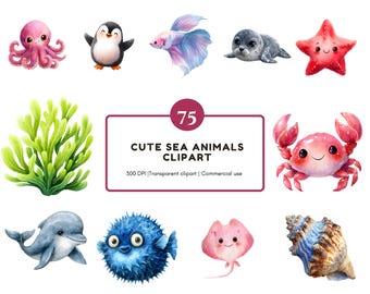 Süße Meerestiere Clipart, Niedliche Meerestiere Clipart, Niedliche Meerestiere Clipart, Wasserfarben Clipart, Seetier Clipart