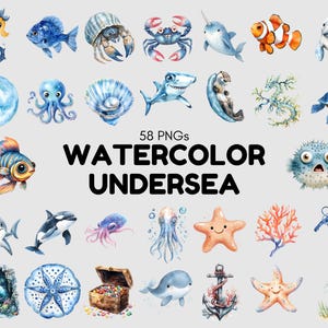 Aquarela Sob O Mar Clipart png Pacote, Sob O Mar Animal Clipart, Sob A Água Clipart, Decoração De Berçário, Bonito Oceano Animal png Pacote