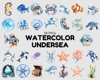 May include: A collection of 58 watercolor undersea-themed PNG images. The illustrations include various marine life such as fish, seahorses, crabs, and starfish, along with a treasure chest, coral, and a diver. The text "WATERCOLOR UNDERSEA" is prominently displayed.