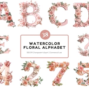 Ensemble de cliparts Alphabet floral aquarelle, Clipart Alphabet Floral rose, clipart Alphabet png, clipart chiffres, clipart bébé jalon