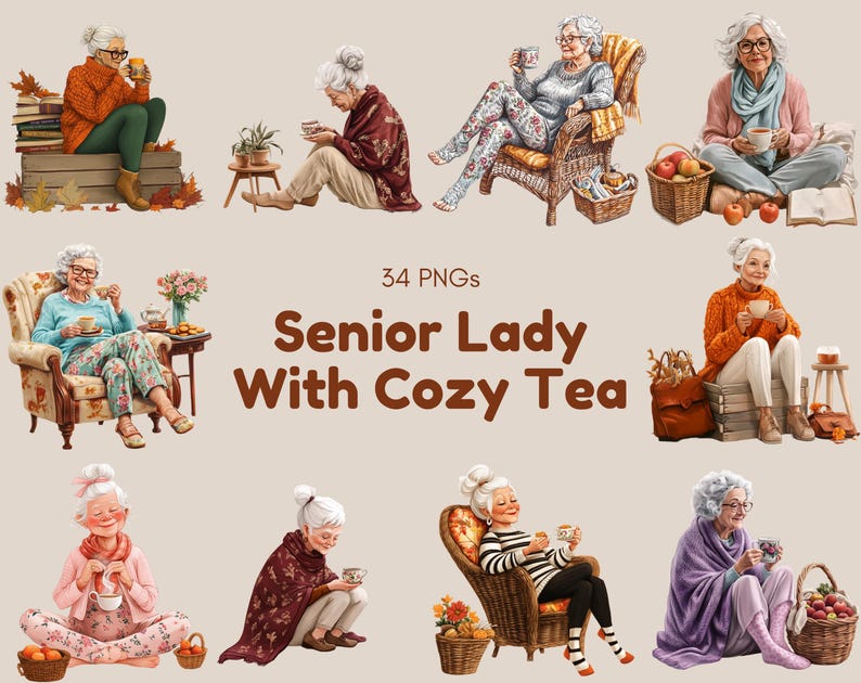 Watercolor Senior Lady Clipart, Cozy Tea Coffee PNG Bundle - Etsy