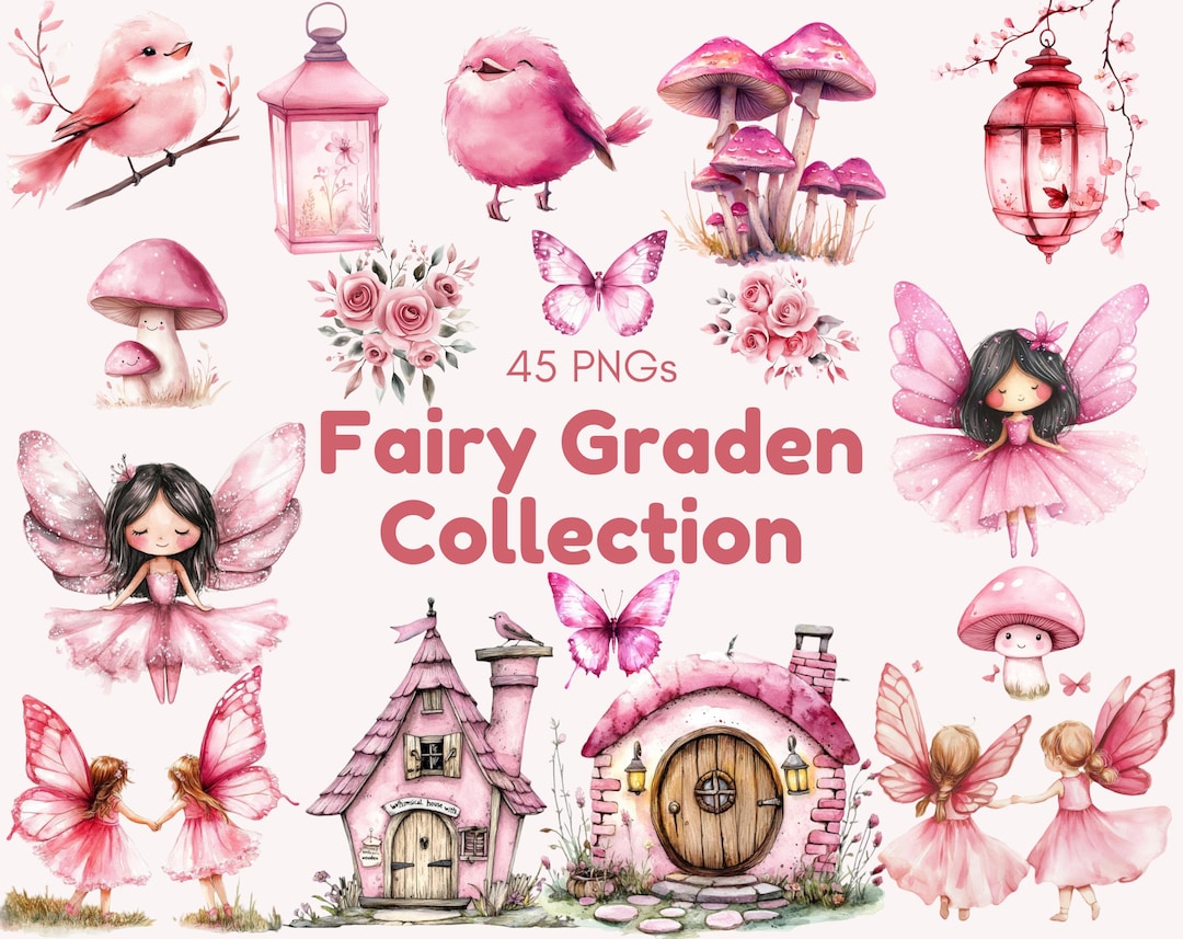 Watercolor Fairy Garden Collection, Pink Fairies Clipart Bundle ...