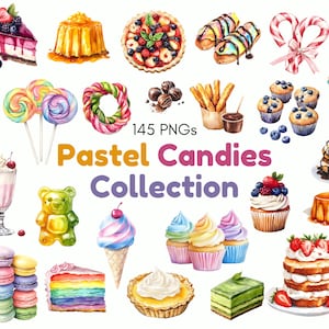 Watercolor Sweet Candy Clipart Bundle, Pastel Candy Clipart, Pastel Sweet Candy Clipart, Rainbow Sweet Candy Clipart, Cotton Candy Clipart