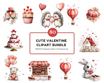 May include: A collection of watercolor illustrations featuring Valentine's Day themes. Includes images of hedgehogs, cupcakes, cakes, hot air balloons, a teddy bear, a bunny, and a shop, all decorated with hearts. Text reads "Cute Valentine Clipart Bundle".