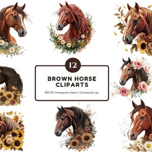 Cavalo floral em aquarela, clipart png, cavalo clipart png, cavalo marrom boho clipart, cavalo floral boho png, cavalo png, conjunto de cavalo floral