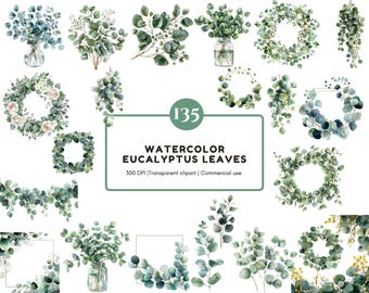 135 Eucalyptus Leaves Clipart Bundle, Watercolor Eucalyptus Leaf Clipart png, Green Leaf, Greenery Clipart, Botanical png, Wedding Clipart