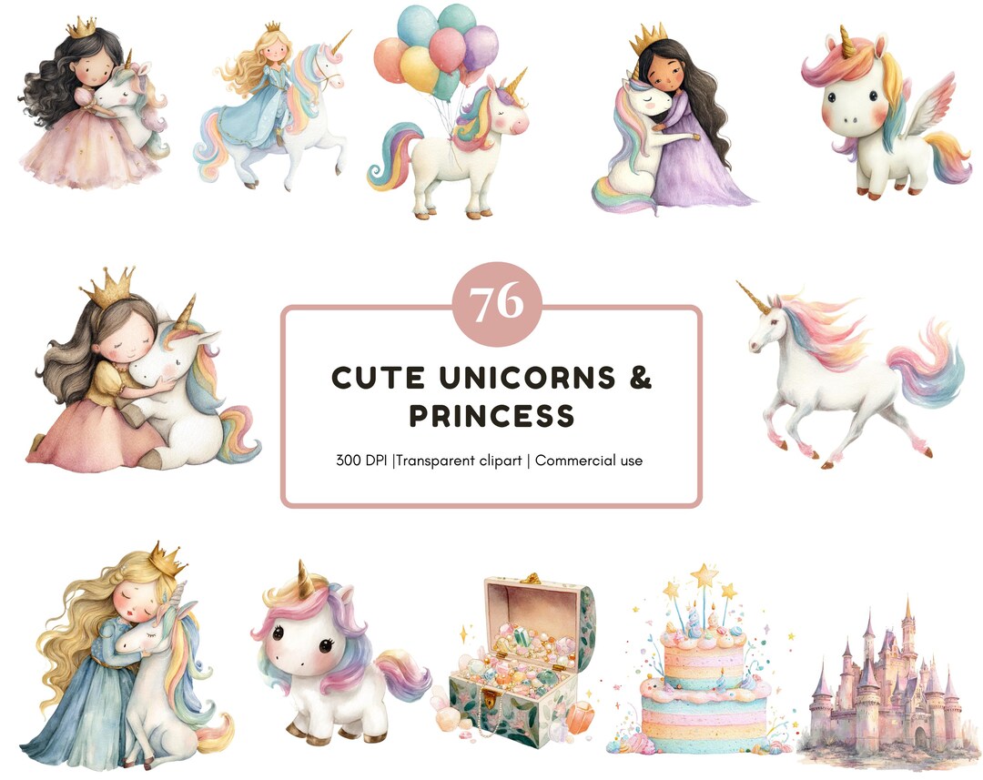 76 Cute Unicorn Clipart Bundle, Rainbow World Watercolor Clipart Set ...