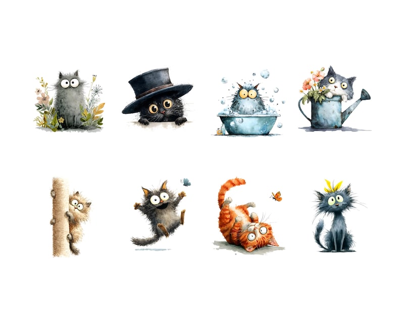 Quirky cats clipart set featuring cute and funny cat illustrations in high-quality PNG files.
Cute quirky cat clipart bundle with playful cartoon cats, expressions, and accessories for crafting projects.
Whimsical cat illustrations set with unique feline characters for scrapbooking and digital design.
Cartoon quirky cats clipart pack featuring fun cat poses and colorful designs for DIY crafts.
Quirky cat PNG clipart collection with adorable and humorous cat illustrations for printables.