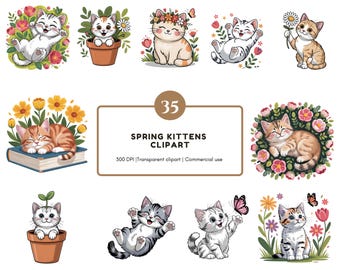 Spring Kittens Clipart Bundle, Kitten png, Watercolor Kitten Clipart, Cute Cat png, Cute Spring Cat png, Floral Cat Clipart, Kitten Stickers