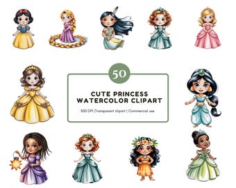 Watercolor Princess Clipart Bundle, Princess png, Cute Princess Clipart, Cute Girl Clipart, Princess Clipart, Cartoon Princess Clipart png