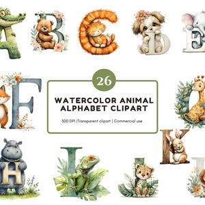 Puede incluir: Clipart de alfabeto de animales en acuarela con 26 letras, cada una con una ilustración de animal. Las letras están decoradas con detalles florales. Los animales incluyen un caimán, un oso, un gato, un perro, un elefante, un zorro, una jirafa, un hipopótamo, una iguana, un leopardo, un león y un conejo.