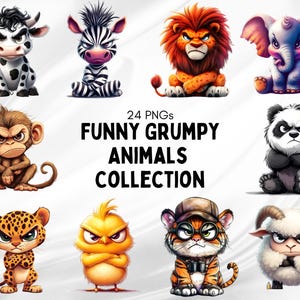May include: A collection of 24 PNGs featuring cartoon animals with grumpy expressions. The animals include a cow, zebra, lion, elephant, monkey, panda, leopard, chick, tiger, and sheep. The text "FUNNY GRUMPY ANIMALS COLLECTION" is displayed in the center.