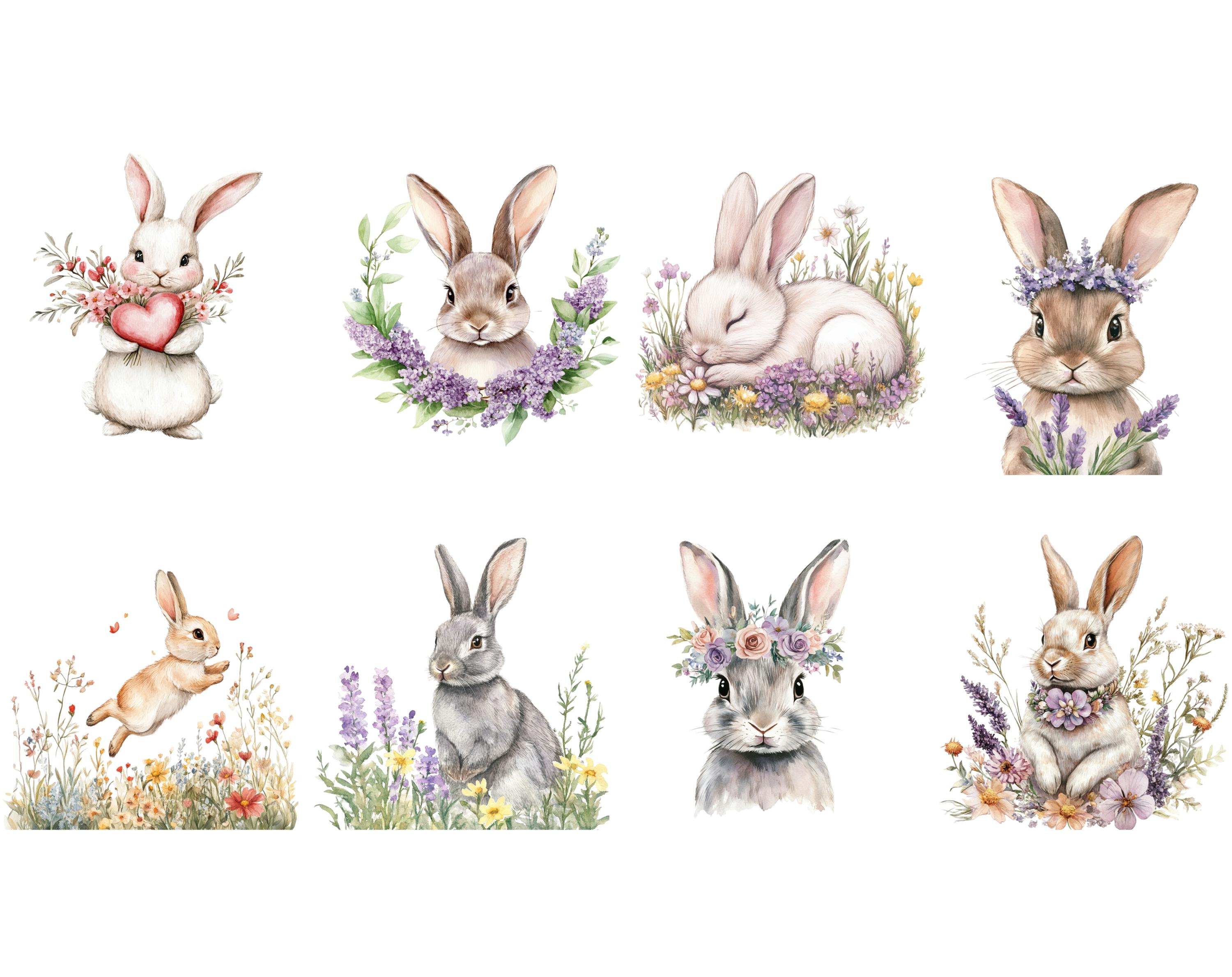 Watercolor Bunny Clipart Bundle, Floral Nursery Art (digital Download ...