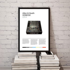 Könnte beinhalten: Ein gerahmtes Poster mit einem Allen & Heath XONE:92 Mischpult von 2004. Das schwarze Mischpult hat zahlreiche Knöpfe, Schieberegler und Tasten. Das Poster hat einen weißen Hintergrund mit Text oben und unten. Der Rahmen ist schwarz.
