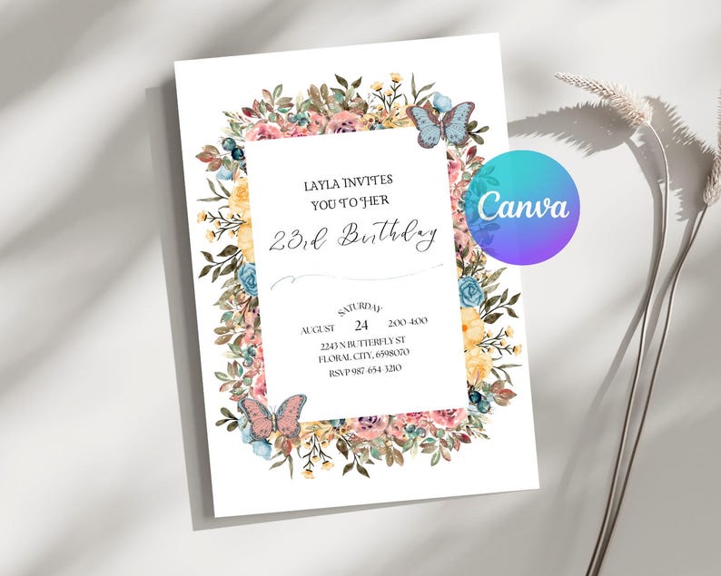 Invitación de cumpleaños con flores silvestres de primavera - Plantilla de invitación floral imprimible - Invitación para fiesta de mujeres imagen 5