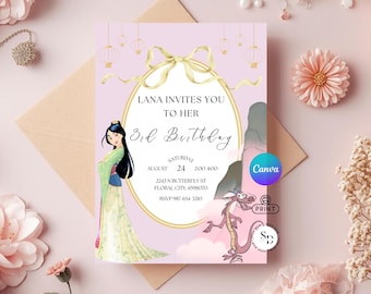 Pink Mulan Birthday Invitation - Canva Princess Party Invite - Printable Girls Invite Template