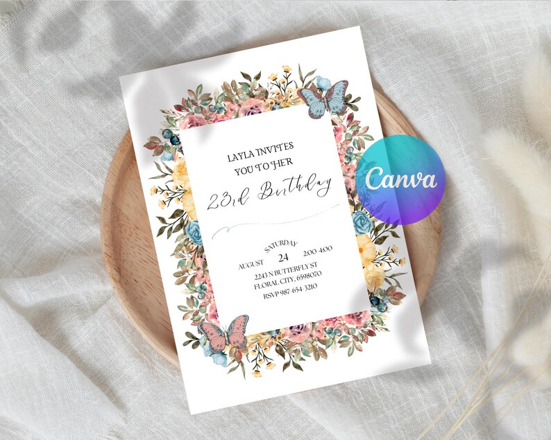 Invitación de cumpleaños con flores silvestres de primavera - Plantilla de invitación floral imprimible - Invitación para fiesta de mujeres imagen 6