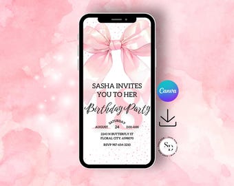 Modèle d'invitation anniversaire rose - Faire-part fille coquette noeud papillon - Invitation tendance