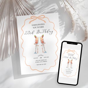 Modello di invito di compleanno, invito Summer Mimosa Coquette Canva, modificabile serata tra ragazze, elegante pesca, download immediato, stampabile digitale
