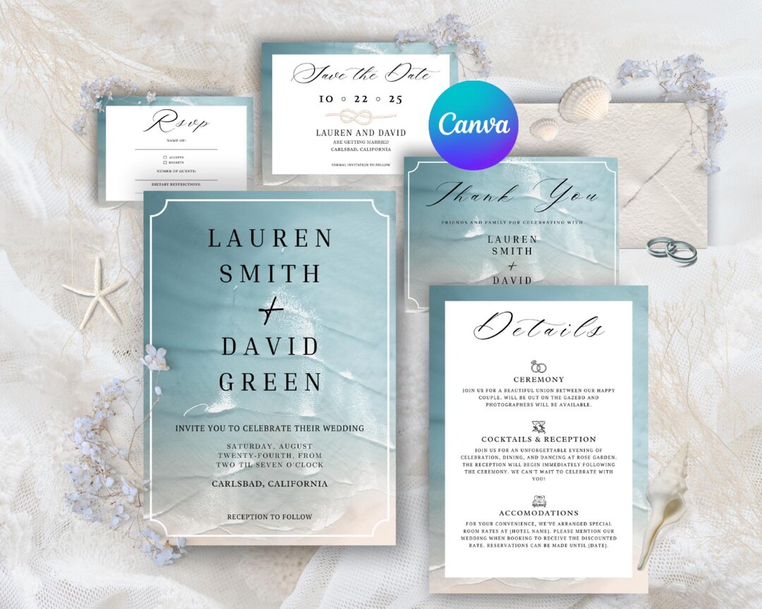 Beach Wedding Invitation Suite - Elegant Coastal Wedding Set - Digital ...
