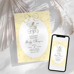 Plantilla de invitación para baby shower, invitación Canva de verano en amarillo pastel, descarga instantánea, elegante tarjeta DIY para bebé, invitación digital imprimible para fiesta