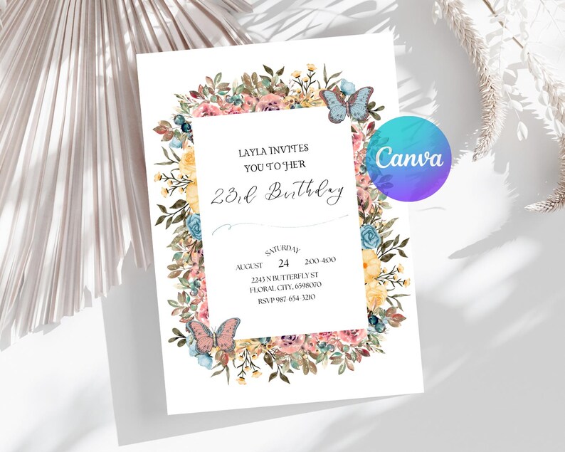 Invitación de cumpleaños con flores silvestres de primavera - Plantilla de invitación floral imprimible - Invitación para fiesta de mujeres imagen 4