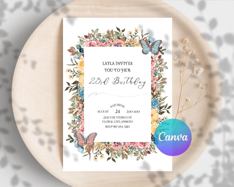 Invitación de cumpleaños con flores silvestres de primavera - Plantilla de invitación floral imprimible - Invitación para fiesta de mujeres imagen 7