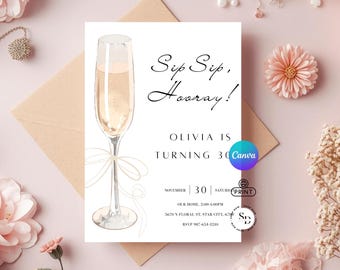 Plantilla de invitación de cumpleaños para cóctel - Invitación imprimible para fiesta con champán - Invitación elegante para mujeres