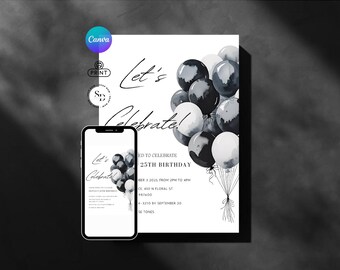Modern Birthday Party Invitation - Balloons Invite Template - Adult Invite Card